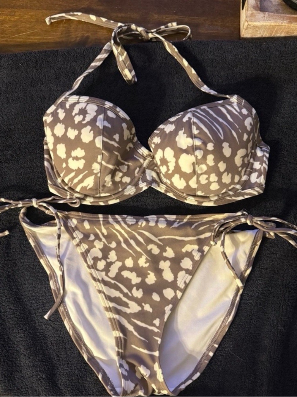 Women’s Taupe Animal-Print Tie Bikini Set